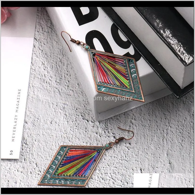 bohemia hollow out rhombus colorful cord handmade long pendant earrings women fashion ear hooked eardrop jewelry party gifts accessory