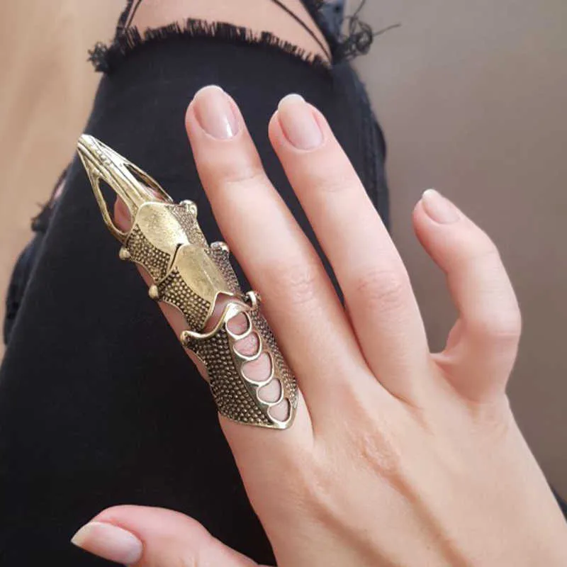 Docona Punk Knight Skull Armor Knuckle Midi Palce Pierścienie Dla Kobiet Gothic Gold Alloy Regulowany Ring Party Jewelry