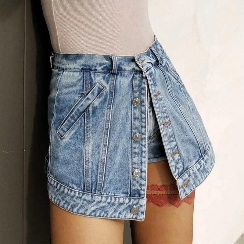 Zomer Mode Denim Shorts Rokken Hoge Taille Patchwork Dames Broek Design Skinny Fake Tweedelige Vrouwelijke Broek 13A137 210525