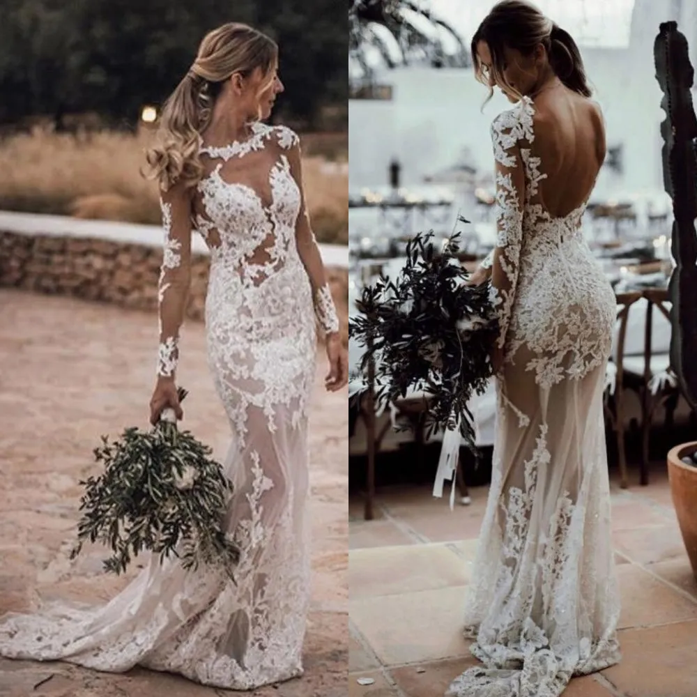 2021 Sexy Sheer Bohemian Sheath Wedding Dresses Jewel Neck Illusion Long Sleeves Plus Size Lace Appliqued Crystal Beads Backless Beach Boho Bridal Gowns Sweep Train