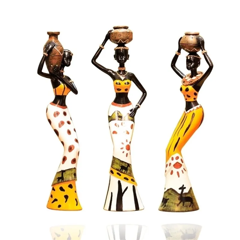 3pcs / set Résine Africaine Figure Sculpture Tribal Lady Figurine Statue Décor Collection Art Piece Intérieur Bureau Salle D'étude el 210804