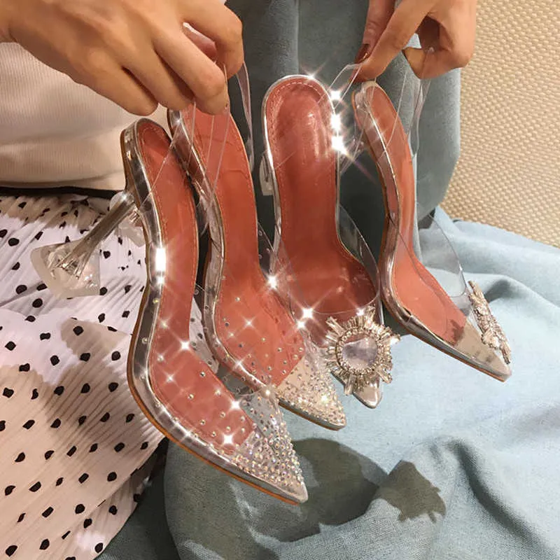 Zapatos de tacón de lujo para mujer, sandalias de cristal 2021, tacones altos transparentes de PVC, zapatos de boda sexis con punta en pico, tacones de aguja con diamantes de imitación para mujer X0526