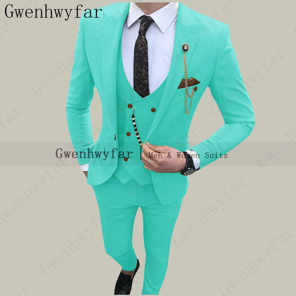 gwenhwyfar 패션 청록색 신랑 턱시도 원 버튼 남자 정장 신랑 결혼식 저녁 식사 최고의 남자 정장 (자켓 + 바지 + 조끼) X0909