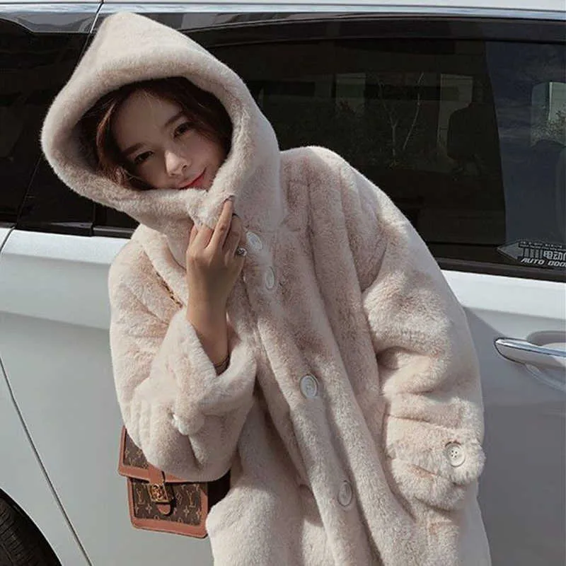 2021 New Winter Women Faux Rabbit Fur Coat Loose Długie Futro Płaszcz Duży Rozmiar Płaszcz Z Kapturem Grube Ciepłe Kobiet Pluszowe Płaszcze Y0829
