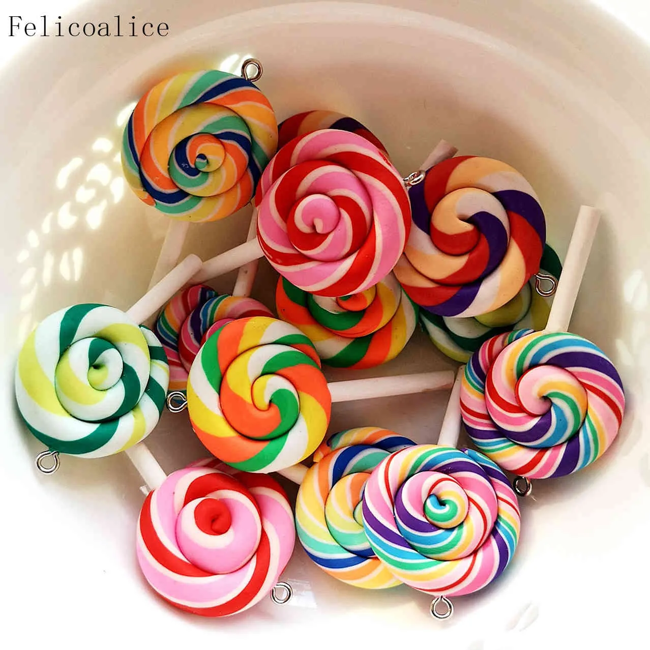 50pcs Cute Rainbow Soft Pottery Lollipops Charms For DIY Personality Bottle Pendants Clay Decoration Earrings Necklace