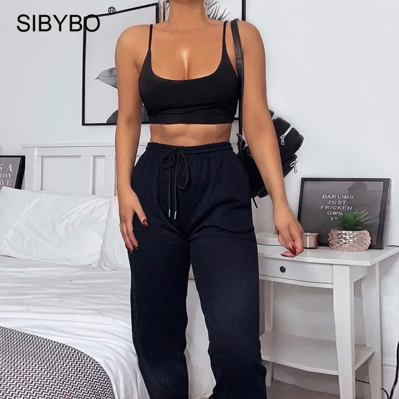 SIBYBO 2 Pezzi Abiti Per Le Donne 2020 Estate Crop Magliette E Camicette Con Coulisse Pantaloni Cargo Set Nero Casual Sportivo Pantaloni Della Tuta Tute X0428