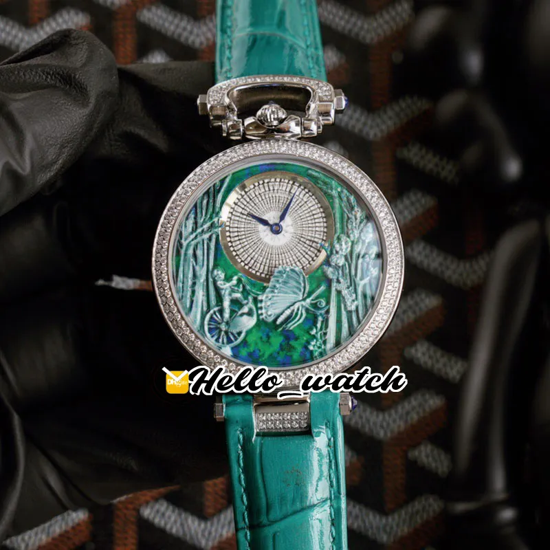 42mm Orologi Bovet 1822 Swiss Quartz Orologio da uomo unisex Quadrante con motivo a farfalla 3D verde Cassa in acciaio Lunetta con diamanti Cinturino in pelle blu Hello_Watch