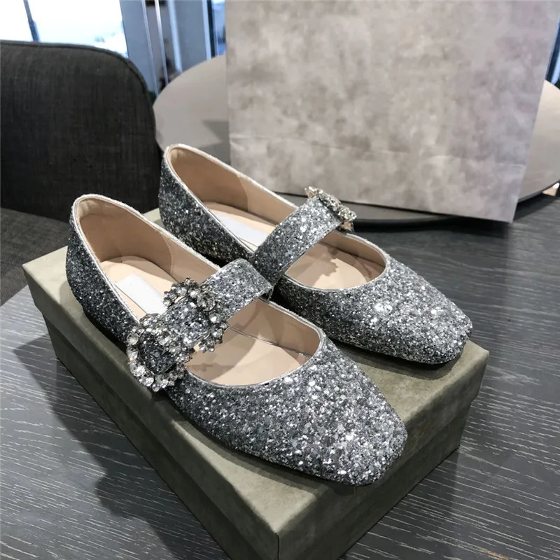 Designer Sandaler Square Diamant Buckle Läder Suede Round Head Mary Jane Ballet Flat Bottom Shoes Jewel Buckle Womens Slides