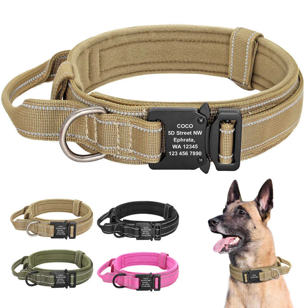 Colar de cão tático militar personalizado Colar de cão de nylon personalizado GRÁTIDA GRAVADA GRAVADA GRAVAMENTO AJUSTÁVEL GRAVAMENTE PARA CÓDIGOS MÉDIOS GRANDES 211006