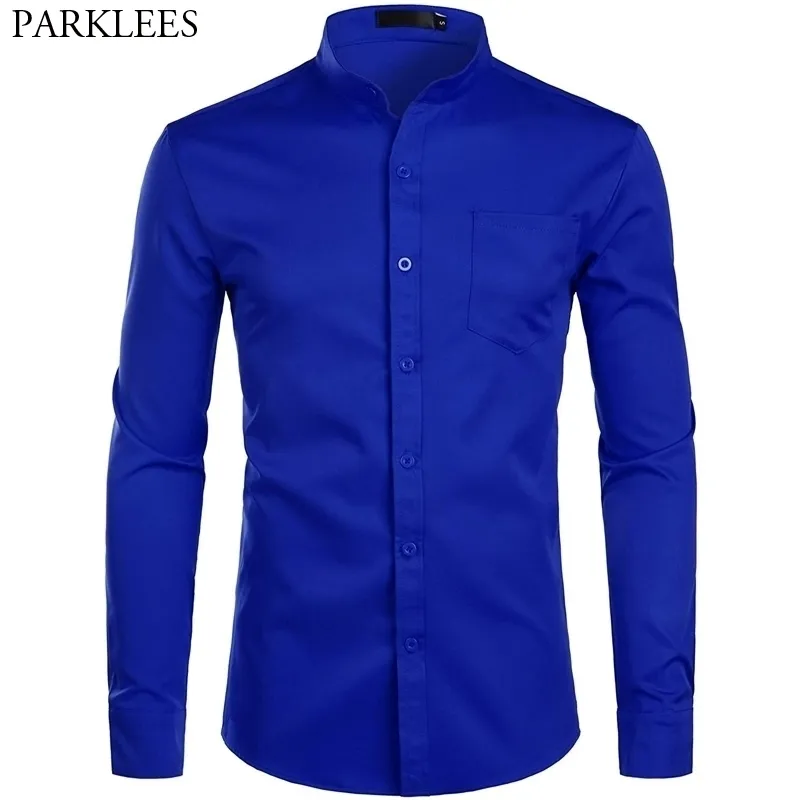 Camisas de vestir azul real para hombre Camisa de cuello mandarín con banda de marca para hombre Camisa casual de manga larga con botones y bolsillo 2XL 210410