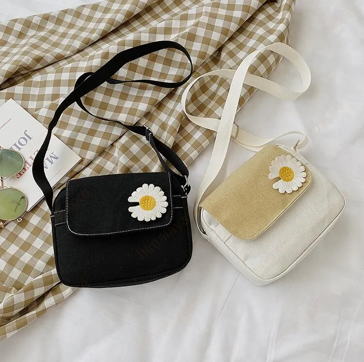 Kvinnor Canvas Flap Shoulder Messenger Bag Simple Ladies Daisy Coin Purses Små bärbara kvinnliga tjejer Dagliga påse handväskor