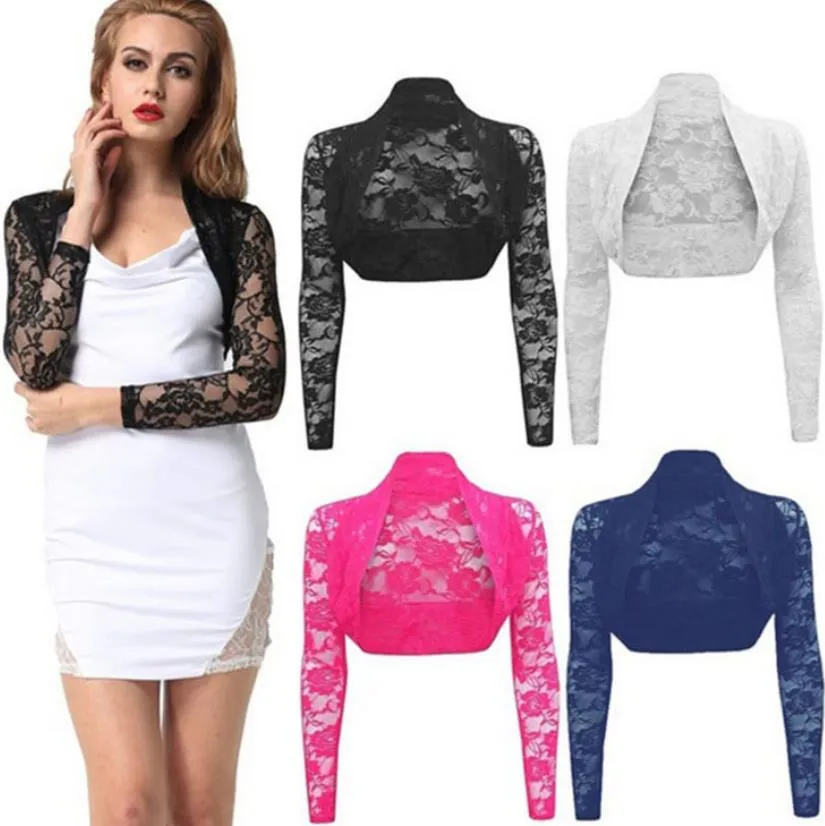 Kvinnorjackor Autumn Spring Female Jacka Lads Long Sleeve Cropped rygg svart kappa Fashion Lace Bolero plus storlek Rockar NLJN 96YGJ