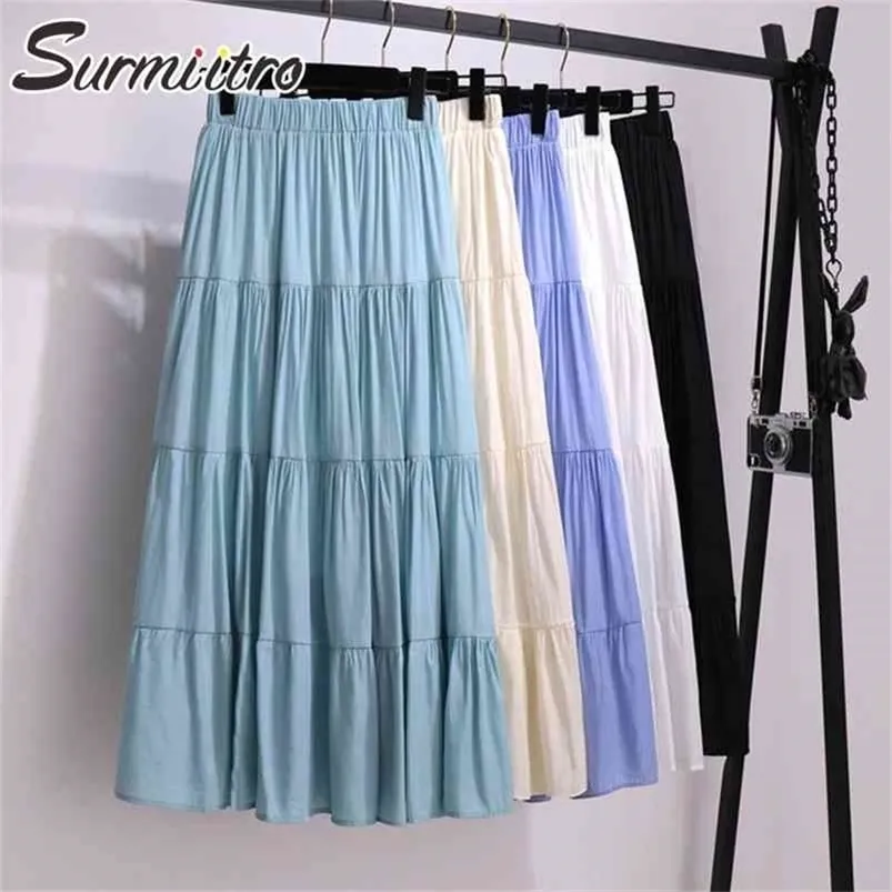 Surmiitro koreanska stil långa kjol kvinnor för vår sommar blå vit svart hög midja solskola midi pläterad kvinnlig 210621