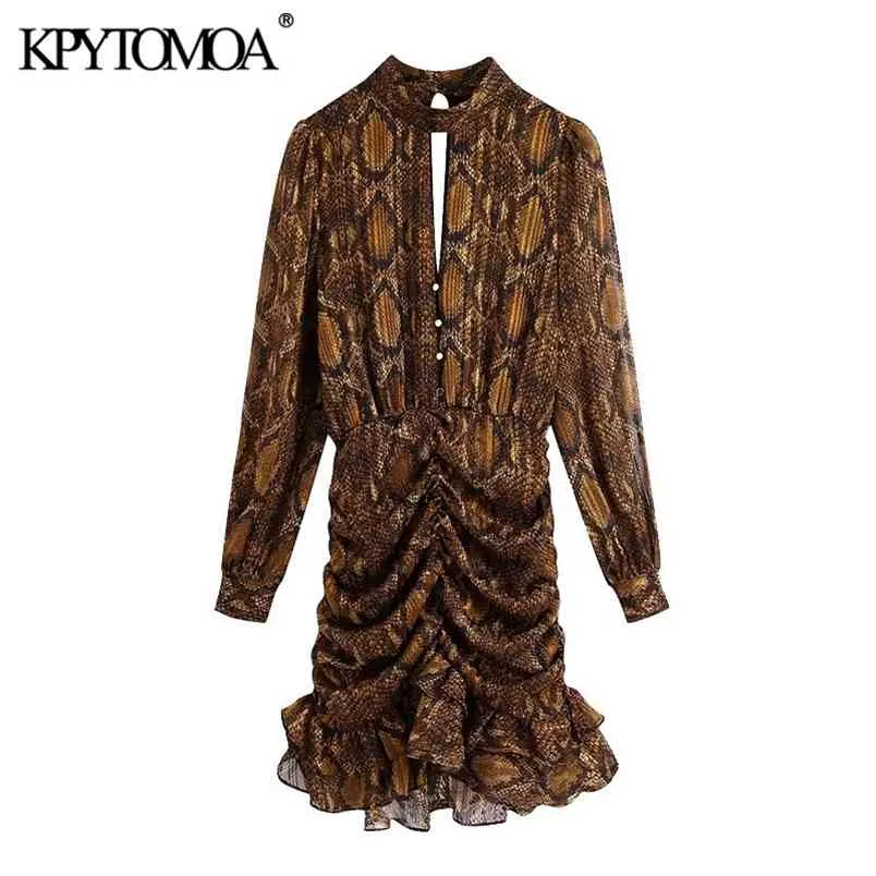 Kvinnor Chic Fashion Snake Print Ruffled Mini Dress High Neck Elastisk Midja Kvinna Klänningar Vestidos Mujer 210420