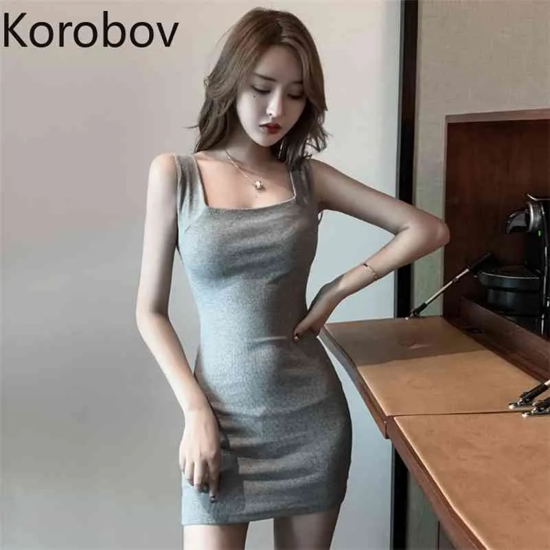 KOROBOV Korean Hoge Taille Hip Skinny Solid Jurk Square Collar Pullover Mouwloos Uitloper Vestido Sexy Ropa Zomer Nieuwe 210430