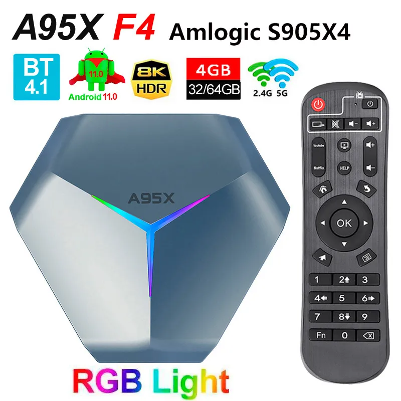 A95X F4 Android 11.0 TV Box Amlogic S905X4 Quad Core Boxar 8K RGB Light Smart TVbox 4GB 64GB 32GB eMCP Plex mediaserver 2.4G 5G Dubbel WIFI Bluetooth 2G 16G Hemmafilm