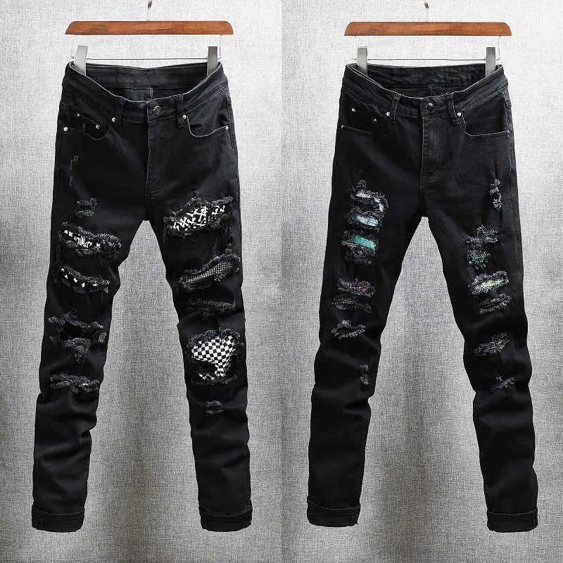 Américain Streetwear Mode Hommes Jeans Slim Fit Noir Élastique Coton Déchiré Denim Punk Pantalon Patchs Designer Hip Hop Pantalon