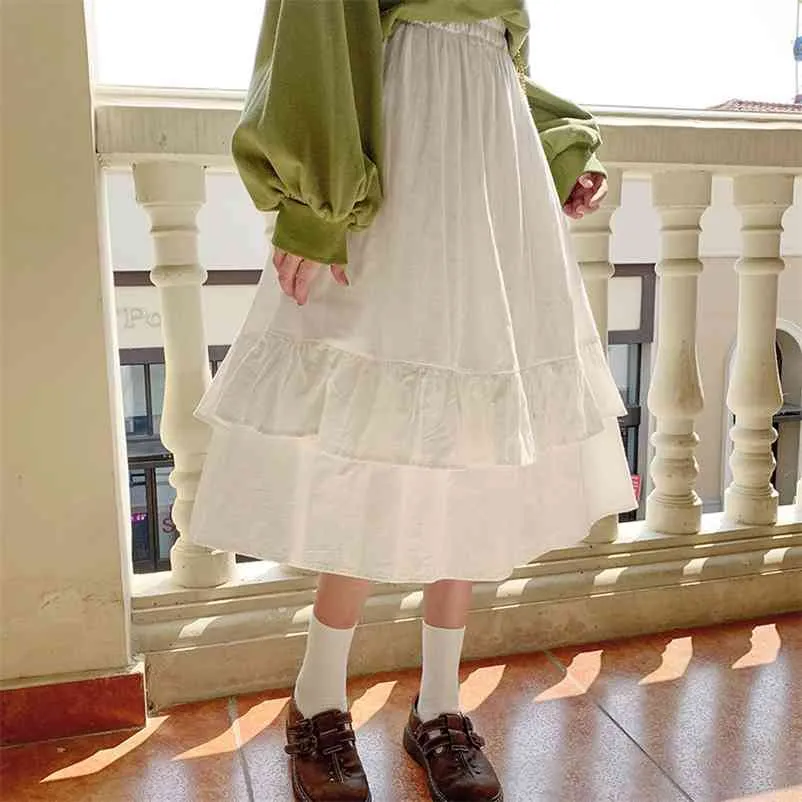 High Elastic Waist Large Size Long Skirts for Women Candy Color Solid Comfortable Cotton Ruffles White 210421