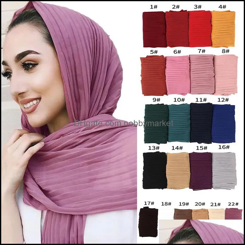 Sciarpe avvolgibili Cappelli, guanti Aessies Aessies stile turco Donne Crumple Bubble Chiffon Color Solido Colore Crupitolato Scialli Pleat Fascia Hijab m