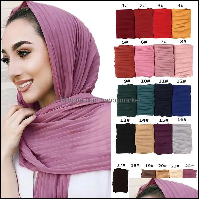 Scarves & Wraps Hats, Gloves Fashion Aessories Turkish Style Women Crumple Bubble Chiffon Solid Color Crinkled Shawls Pleat Headband Hijab M