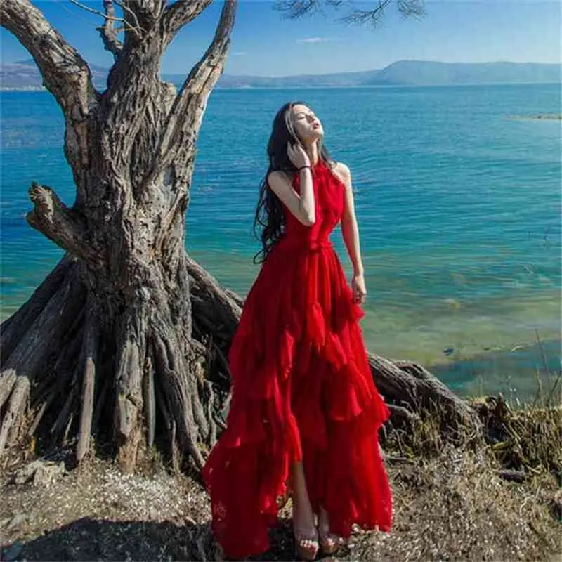 Sommar Kvinnor Bohemian Holiday Beach Maxi Klänning Sexig Av Skulder Chiffon Ruffles Red Irregula Big Swing Long 210603