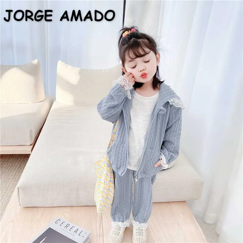 Pigiama per bebè primaverile Set pigiama in pizzo blu rosa con cappuccio Abiti da casa Sleep Swear Abbigliamento per bambini E8052 210610