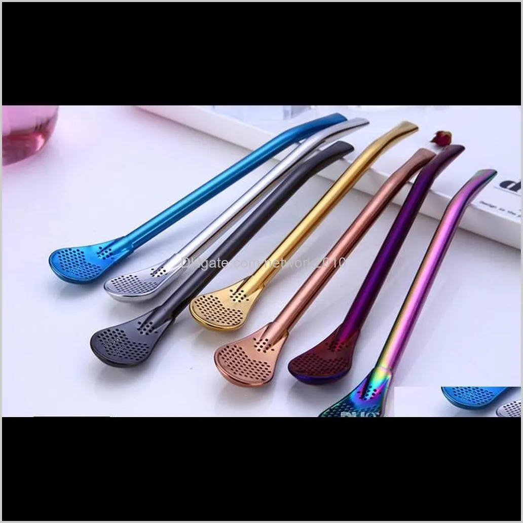 7 colors 304 stainless steel creative spoon drinking straws bent filter straw drink tea bar coffee spoons luxury stir bar ktv