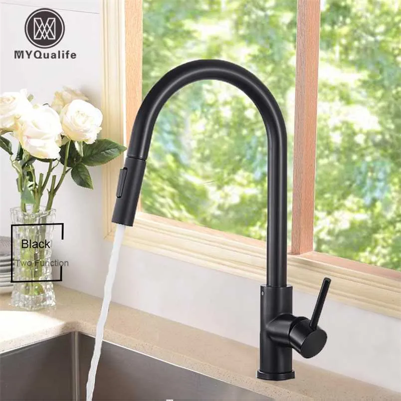Black Kitchen Faucet Two Function Single Handle Pull Out Mixer and Cold Water Taps Deck Mounted 211108