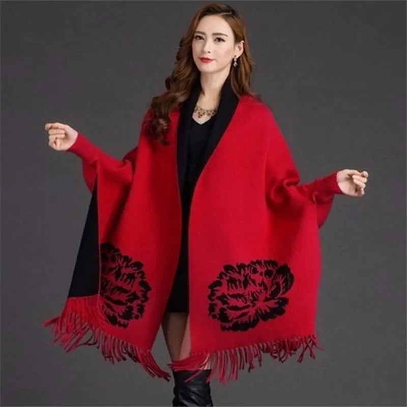 Le donne imitazione visone velluto grande maglione peonia Poncho donne stampa fringed moda manica lunga cardigan femmina 210427