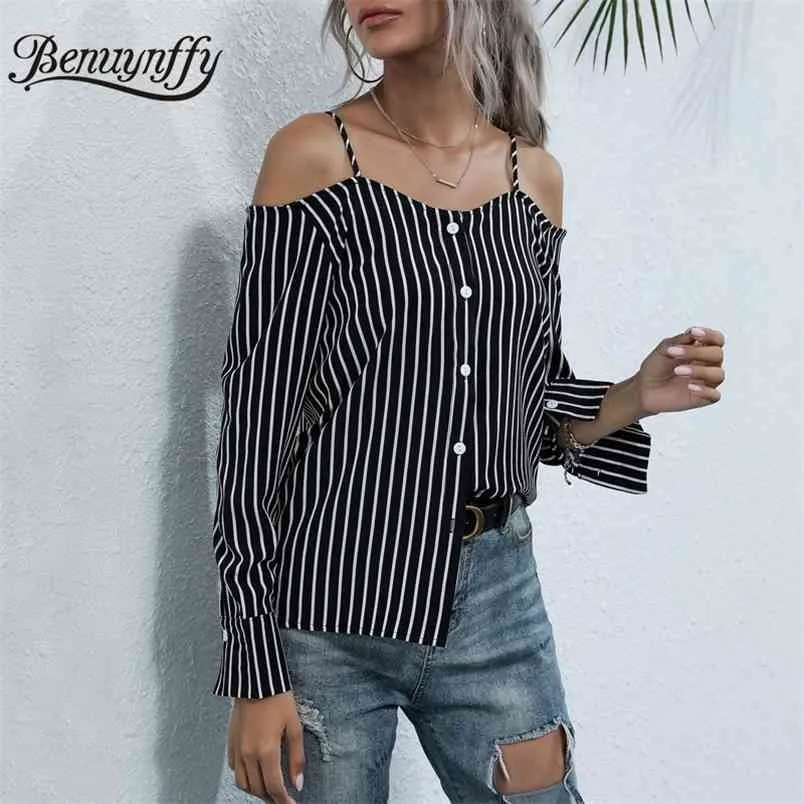 V-neck Cold Shoulder Black Striped Shirt Top Women Spring Long Sleeve Woman Shirts Casual Fashion Tops Clothing 210510