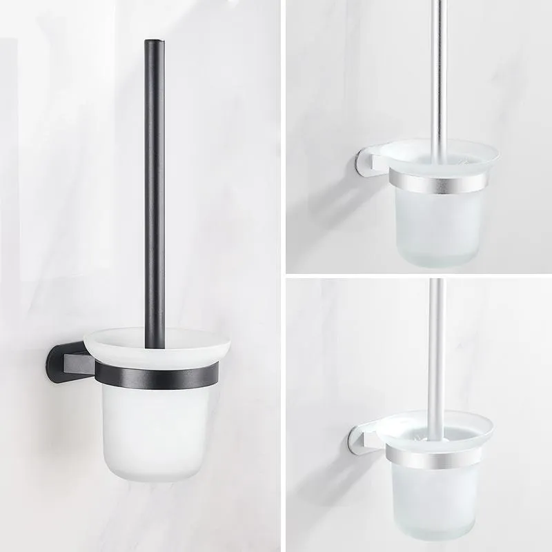 Toalettborstar hållare matt svart rymd aluminium ren borstvägg monterad rund hållare krom badglas