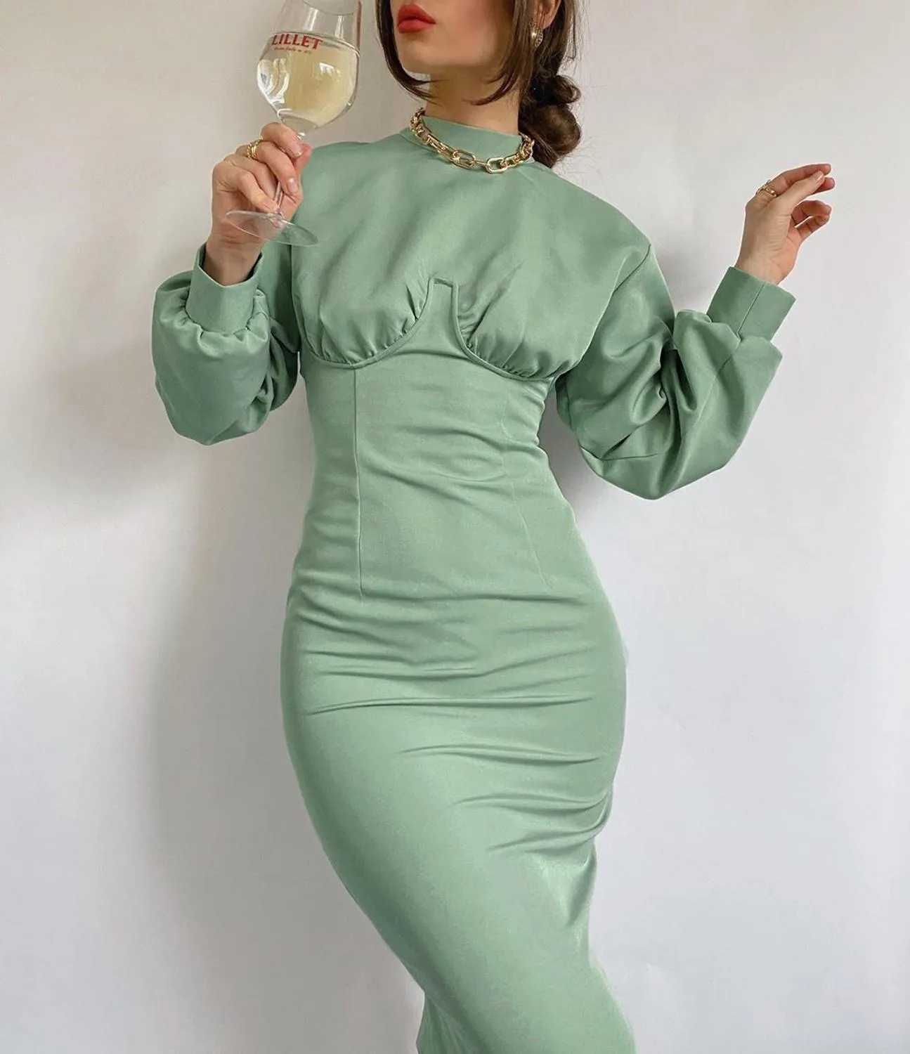 Abito longuette aderente a maniche lunghe Donna Elegante dolcevita Abito verde con cerniera avvolgente Abito invernale sexy da festa casual Vestido 210521