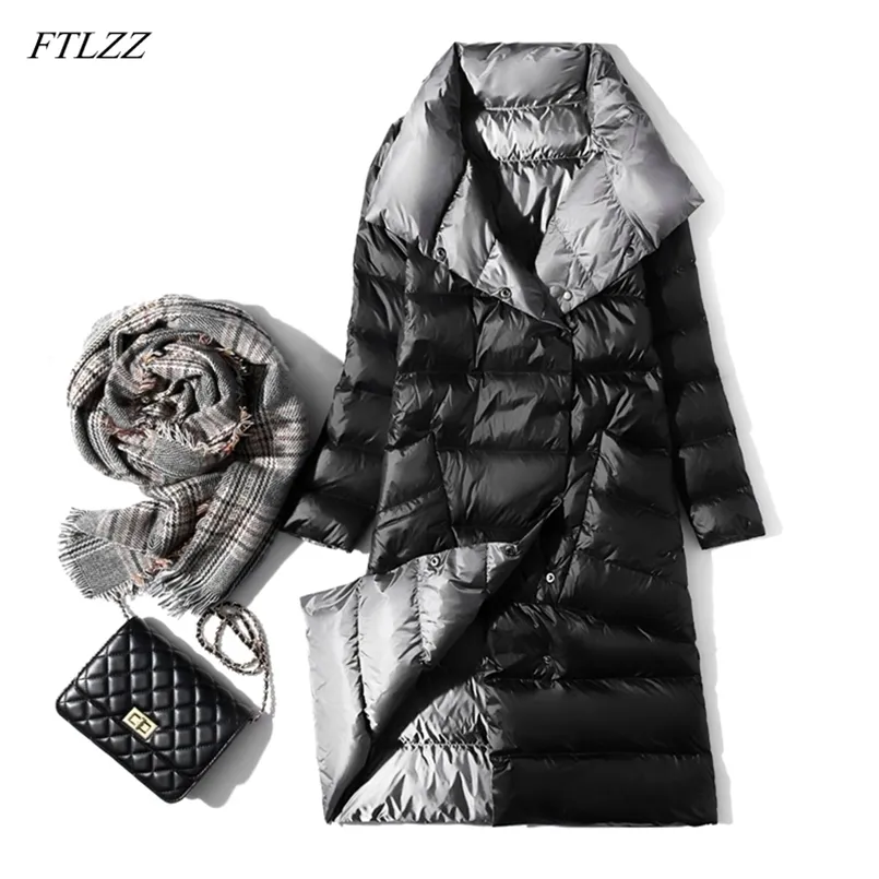 FTLZZ Giacca lunga ultraleggera Donna Inverno Double Sided Slim Piumino d'anatra bianco Cappotto monopetto Dolcevita Parka caldo 210819