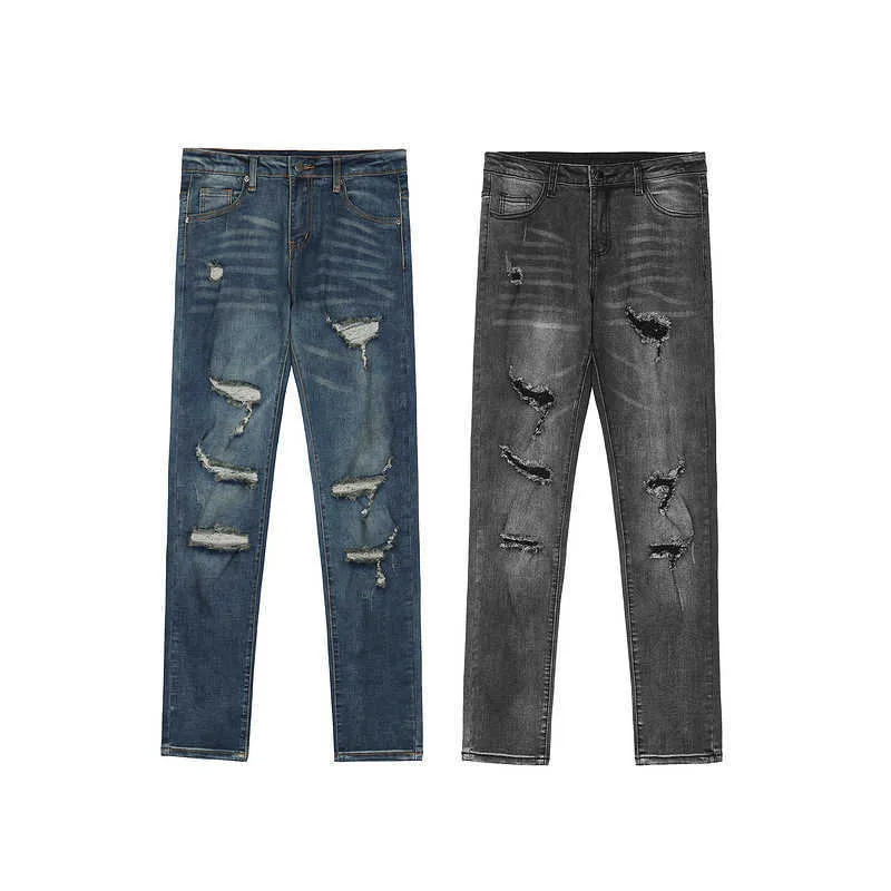 Men's Jeans High street washing, old slim, broken holes, cat beard, damaged jeans