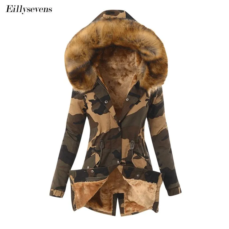Plush Women s Camouflage Parker Parka Adjustable Waist Fur Collar Winter Jacket