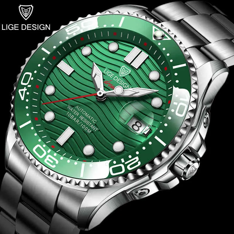 2021 Lige Zakelijke Mechanische Mens Horloges Topmerk Luxe 100m Waterdichte Klok Duiken Automatische Datum Roestvrijstalen horloge Q0524