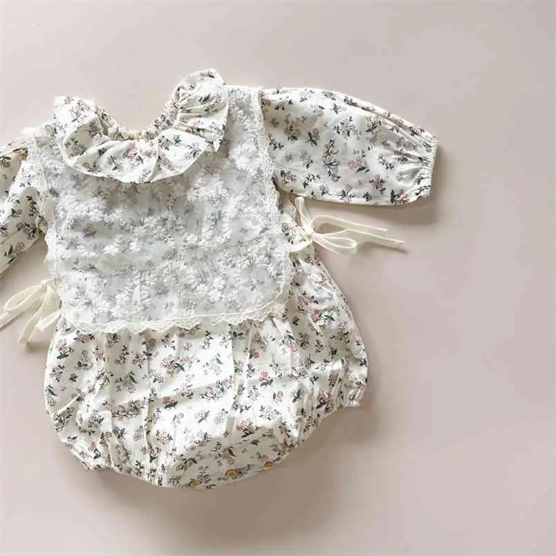 Retro bebê menina romper primavera manga comprida vintage macacão coreano flor padrão onesie roupas 210619