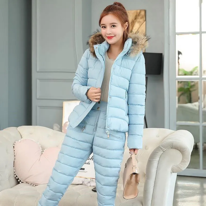 Two Piece Dress Winter Women Warm Snow Set Hooded Parka Coat Pant Tracksuit  Female Down Cotton Jacket Suit