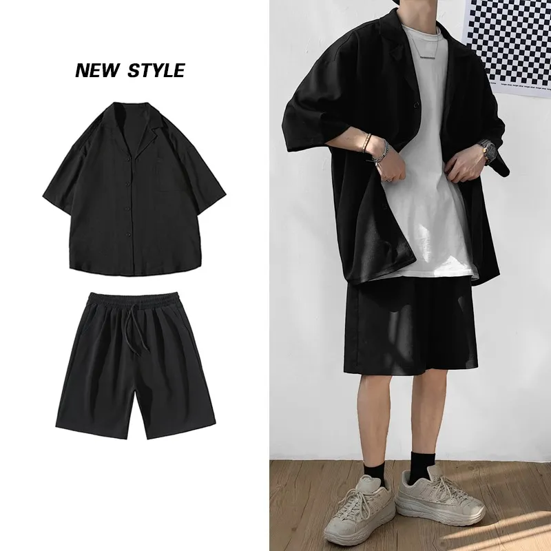 한국 스타일 남자 세트 슈트 재킷과 반바지 단단한 얇은 짧은 슬리브 상단 어울리는 바닥 여름 패션 의류 여름