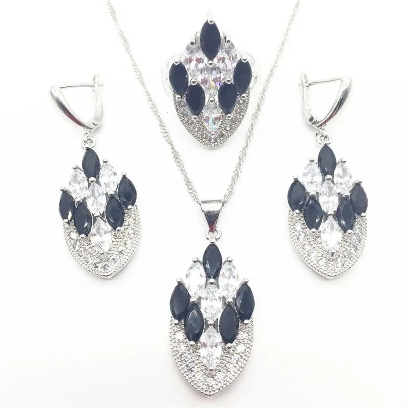 Ohrringe Halskette Aisure Schwarz Weiß Zirkon Silber Farbe Brautschmuck Set Für Frauen Kristall Hochzeit Halskette/Ohrringe/Ring/Anhänger