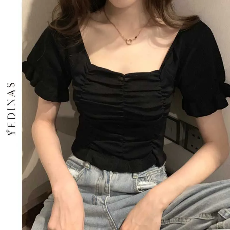 Yedinas 여름 티셔츠 여성 슬림 섹시 티 펨 메이트 짧은 소매 자르기 탑 니트 엘스틱 탑 한국식 210527
