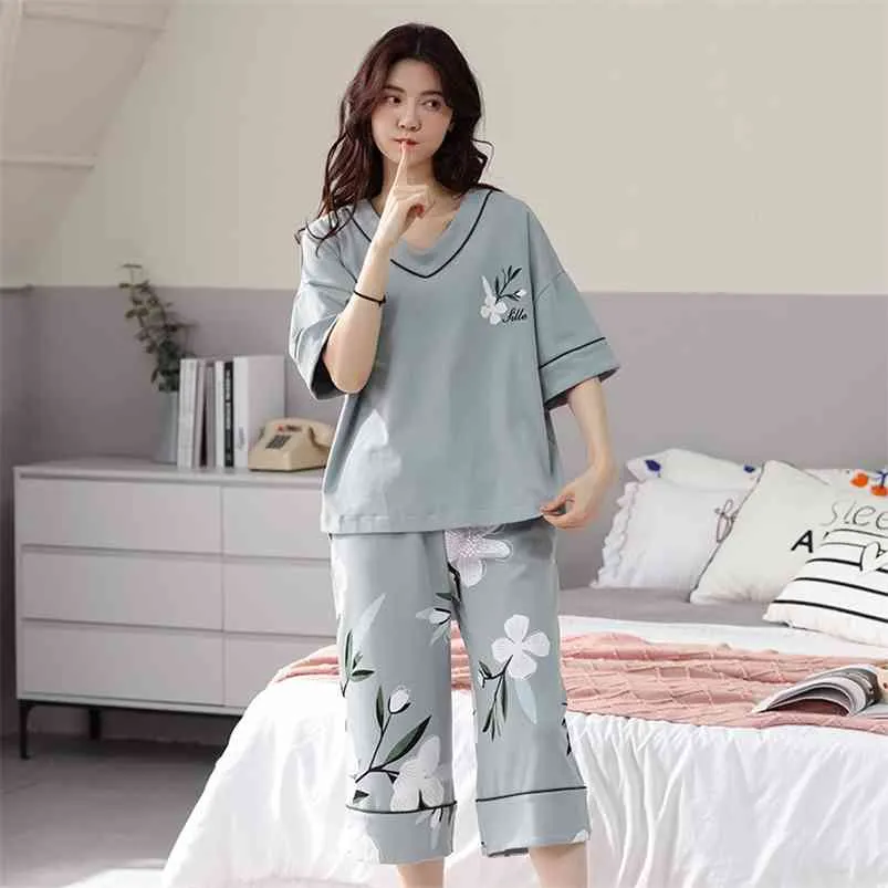 Conjuntos de pijamas de manga corta para mujer de talla grande M-5XL, ropa de dormir de algodón para salón, ropa de casa holgada para niñas 210831