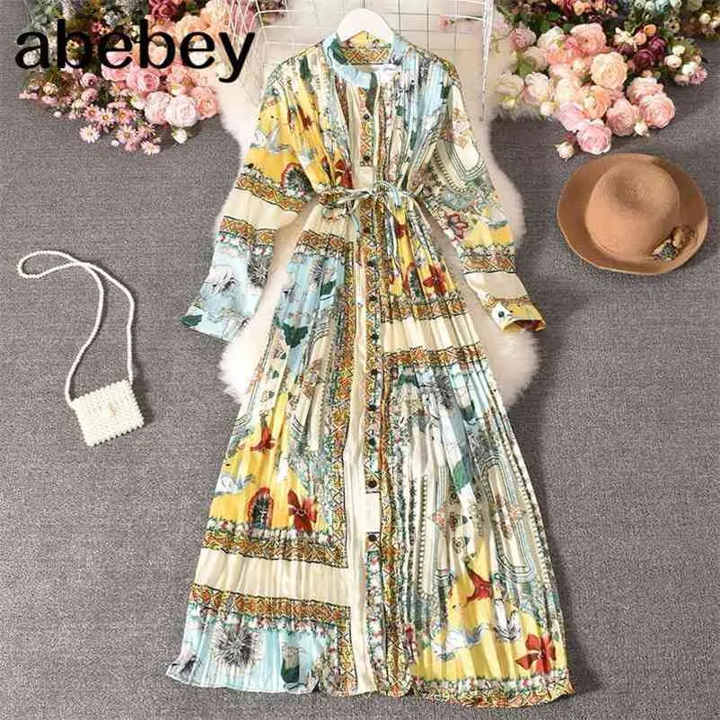 Spring Women Pleated Dress Stand Collar Yellow Geometric Printed Long Sleeves Lace-up Single-breasted Mid-calf A-line Dress 210715