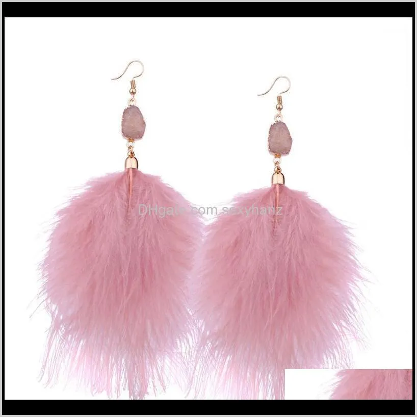 Hoop Hie Delivery 2021 Bohemia Fluffy Feather Tassel voor vrouwen Black Wit Pink Long Bur -drop oorbellen Wedding Statement Sieraden Brinco Pfu