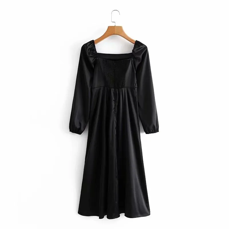 Elegant Women Black Satin Dresses Fashion Ladies Square Collar Vestidos Streetwear Female Chic Slit Side Dress 210430