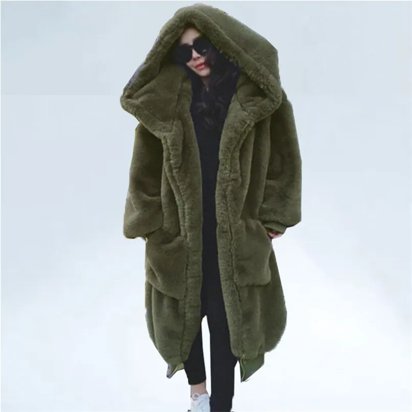 Oversized Winter Faux Fur Coat Women Parka Long Warm Faux Fur Jacket Coats Hoodies Loose Winter Coat Outwear casaco feminino 210910