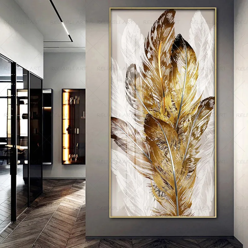 Goldene Feder-Poster, Eingangsgemälde, Wandkunst für Wohnzimmer, Leinwanddrucke, abstrakte Bilder, moderne, leichte Luxus-Wohnkultur