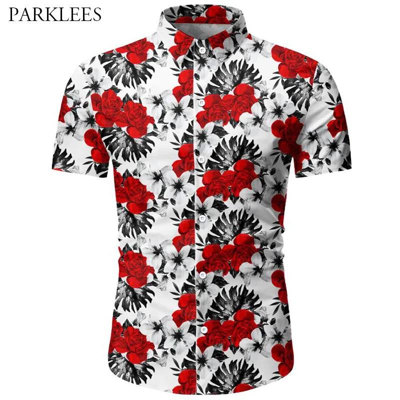 Rose Floral Print Men Hawaiian Shirt Casual Slim Fit Summer Shirts voor Mens Button Revers Holiday Beach Chemises Male Camisa 210524