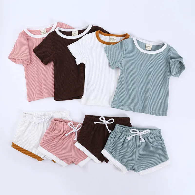 Baby Summer Clothing Set Nyfödd Kid Boy Girl Kläder Kortärmad Ribbad Top och Shorts 2st Solid Outfits Sets