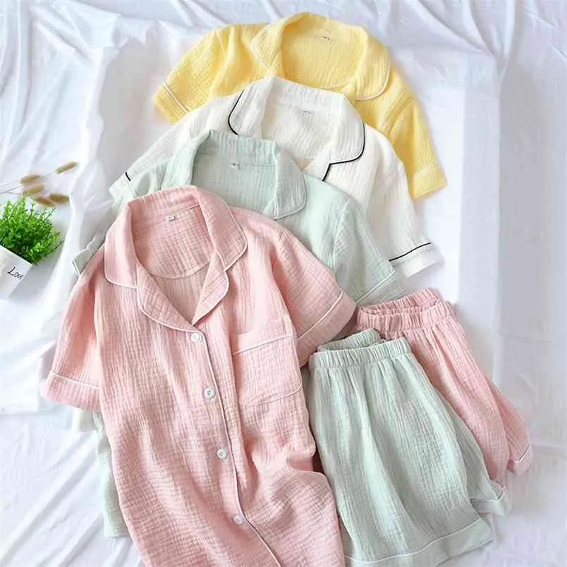 Japansk stil sommar damer bomull dubbelskikt crepe gasbind kortärmad shorts pyjamas kostym stor storlek hem service kvinnor 210830